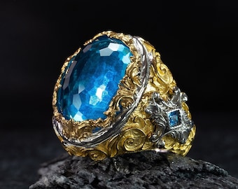 Valentines day gift , Blue topaz ring , Gold plated silver ring , Gemstone ring , Best gift for men  , Blue gemstone ring , Stone ring