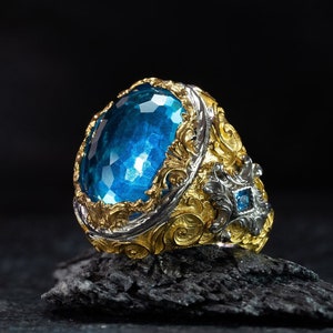 Valentines day gift , Blue topaz ring , Gold plated silver ring , Gemstone ring , Best gift for men  , Blue gemstone ring , Stone ring