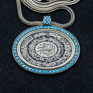 Ayatul Kursi Necklace: Silver Islamic Pendant with Turquoise Gemstone