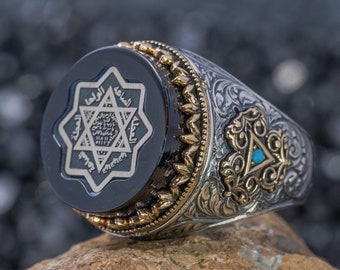 Handmade Sterling Silver Seal of Solomon Ring: Engraved Onyx, Jewish Jewelry