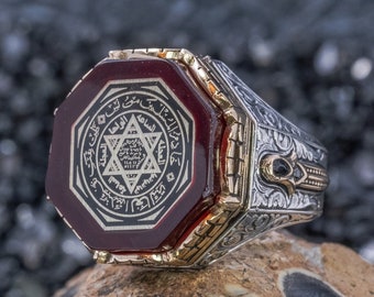 Handmade Silver Seal of Solomon Ring: Engraved Amber Gemstone