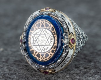 Handmade Sterling Silver Seal of Solomon Ring: Gemstone Pentacle Jewelry