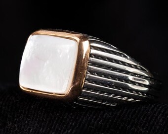 Handmade Mother of Pearl Signet Ring: Sterling Silver Minimalist Boho Jewelry