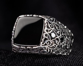 Handmade Black Onyx Sterling Silver Ring - Sleek Pinky Ring