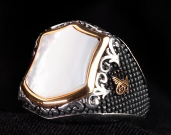 Handmade Sterling Silver Mother of Pearl Ring: Boho Shield Statement
