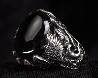 Handmade Black Onyx Sterling Silver Ring - Unique Mens Jewelry