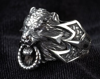 Sterling Silver Wolf Head Ring, Animal Jewelry, Men's Accessories