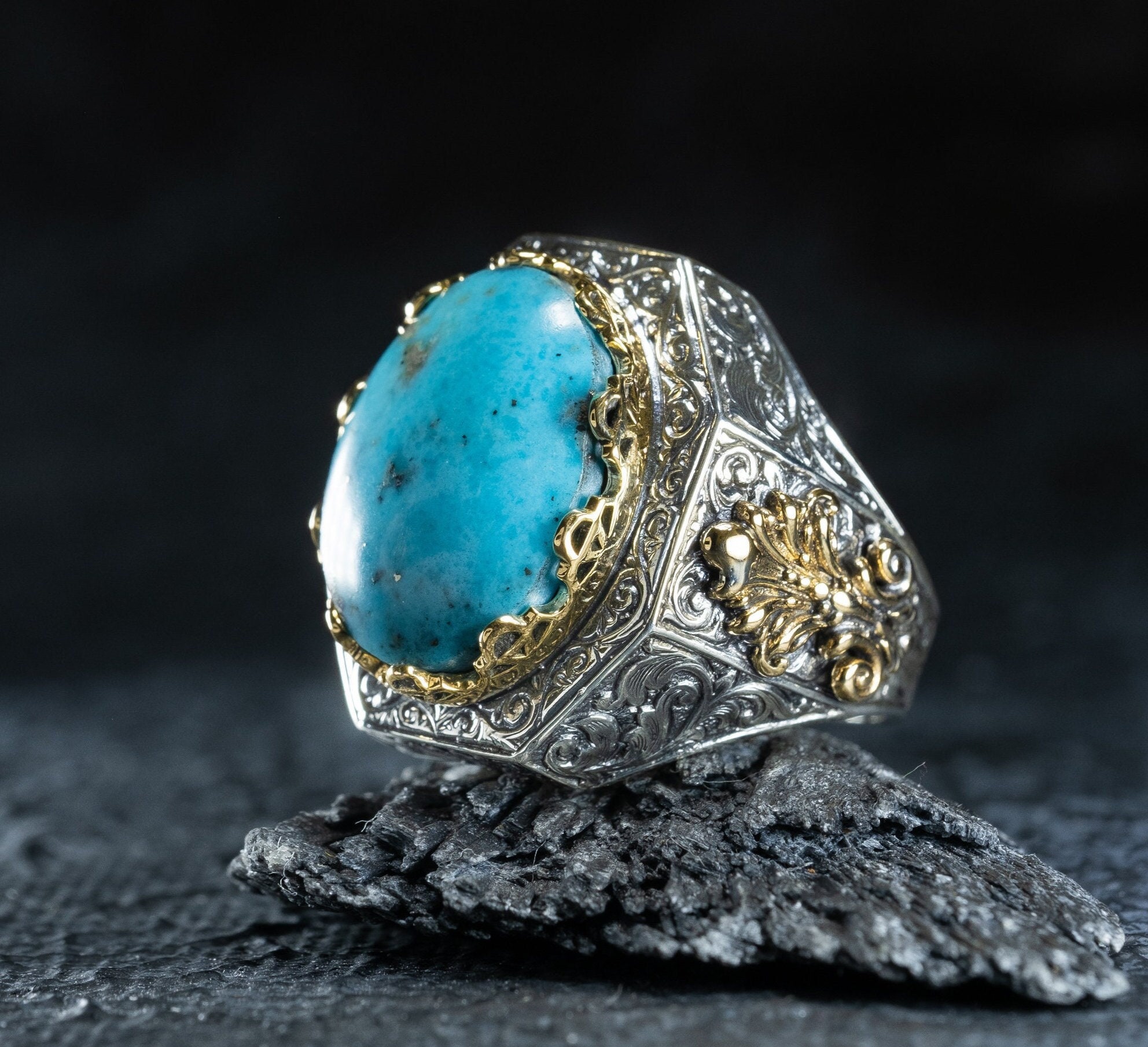 Turquoise Ring for Men in 14k Yellow Gold, Men's Statement Ring – J F M