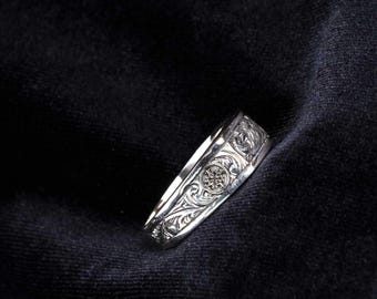 Handmade Sterling Silver Band Ring | Engraved Men's Ring | 925 Silver Wedding Band | Artisan Jewelry