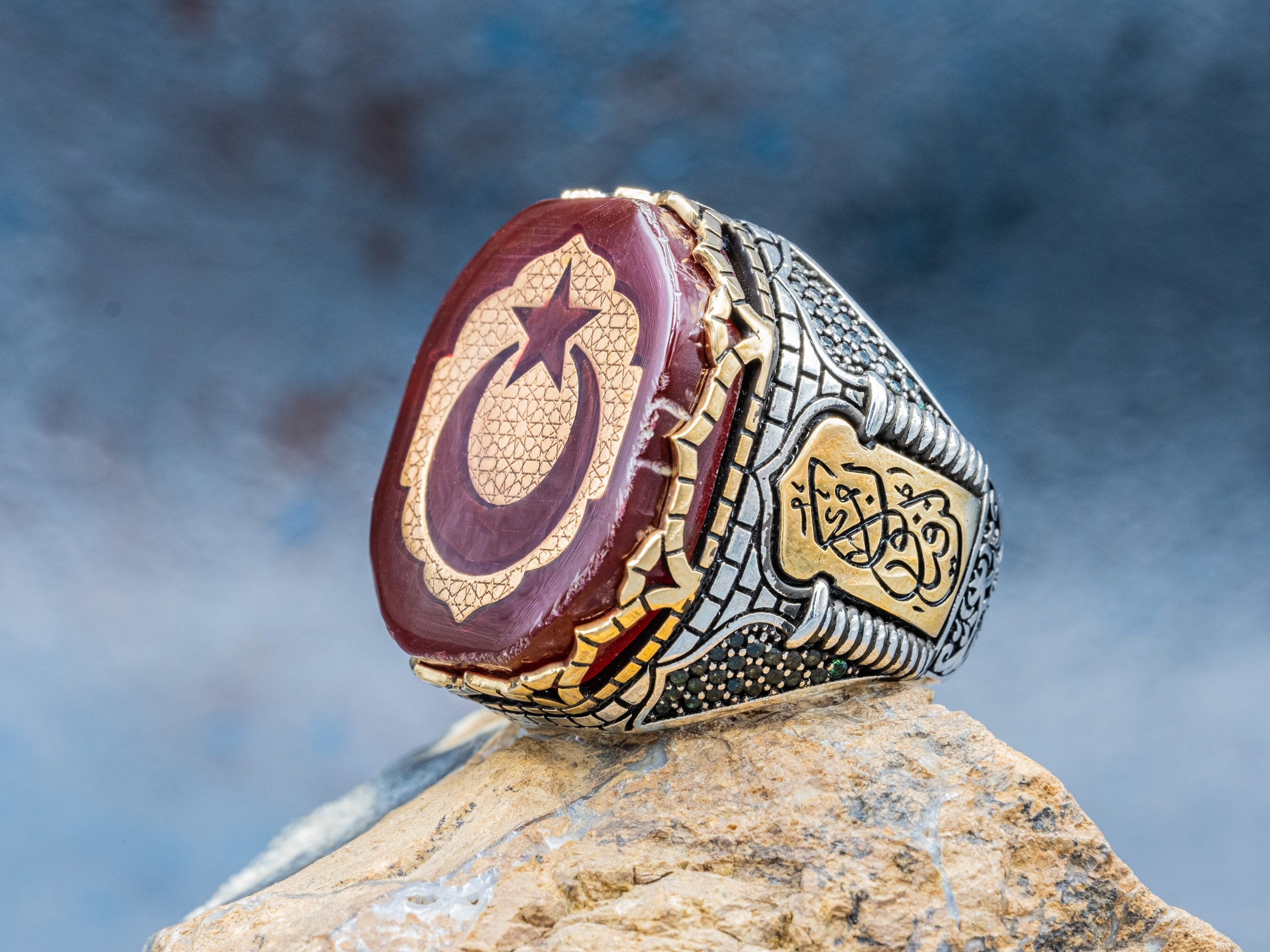 Malcolm X Ring Moon and the Star Ring Amber Gemstone Sterling