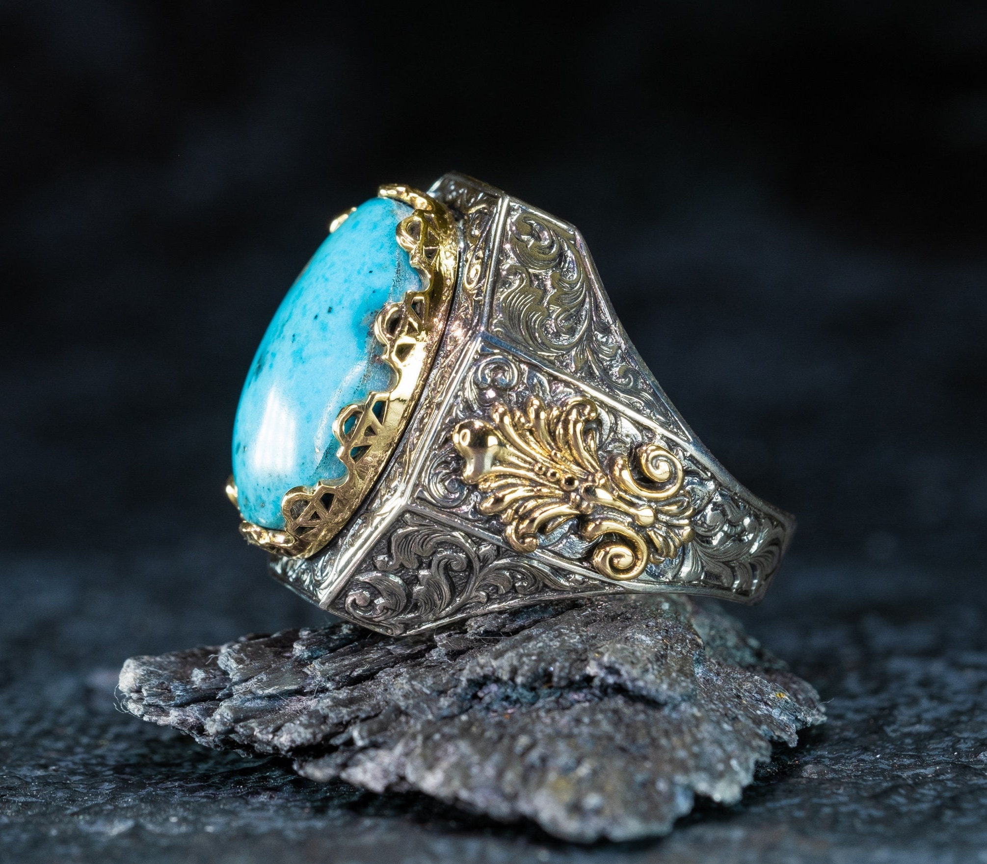 手作りターコイズ宝石シルバーリング - メンズステートメント