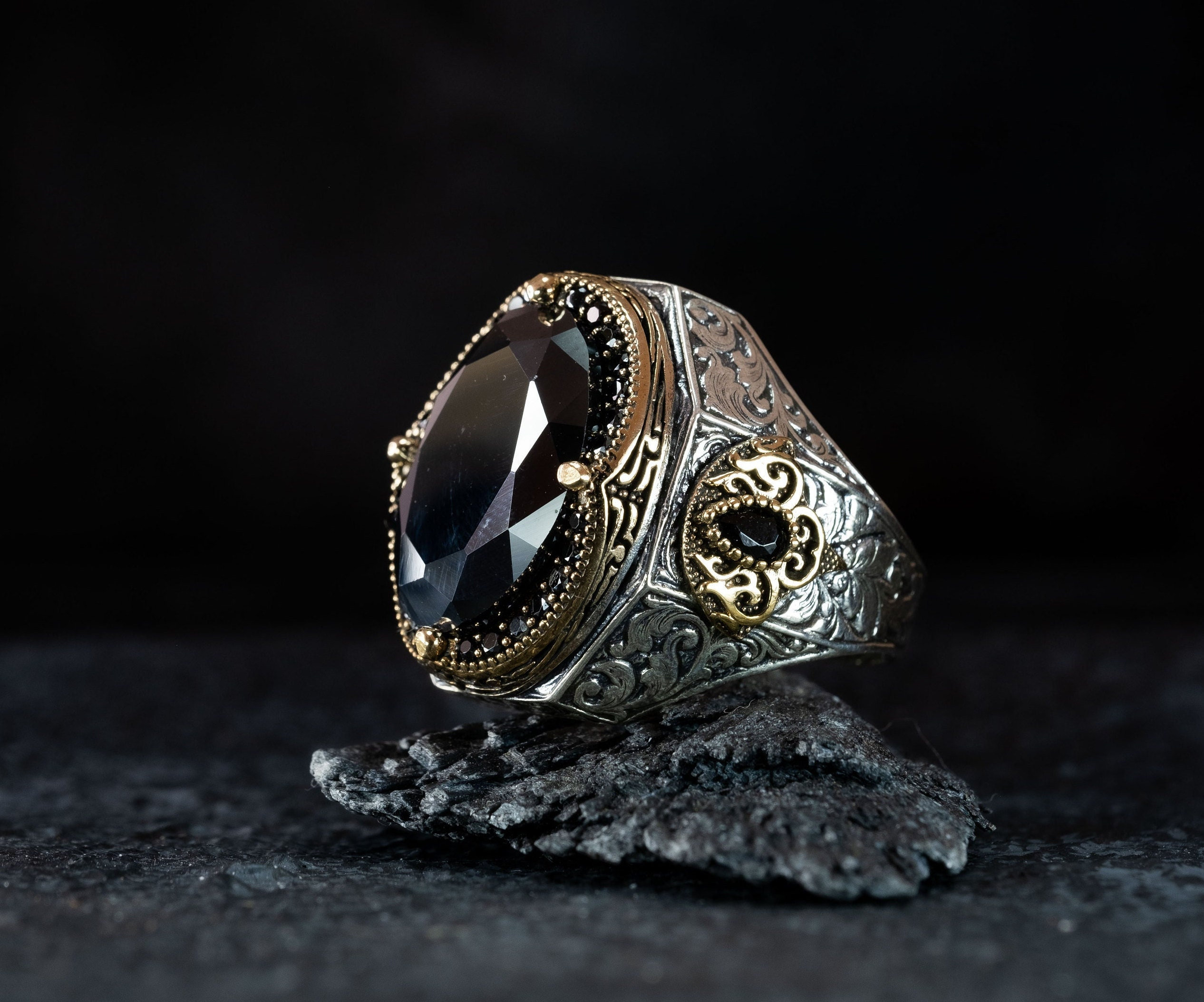 Heavy BIG Dark BLACK Yemeni Aqeeq Silver Ring Akik Agate Men silver Ring |  eBay