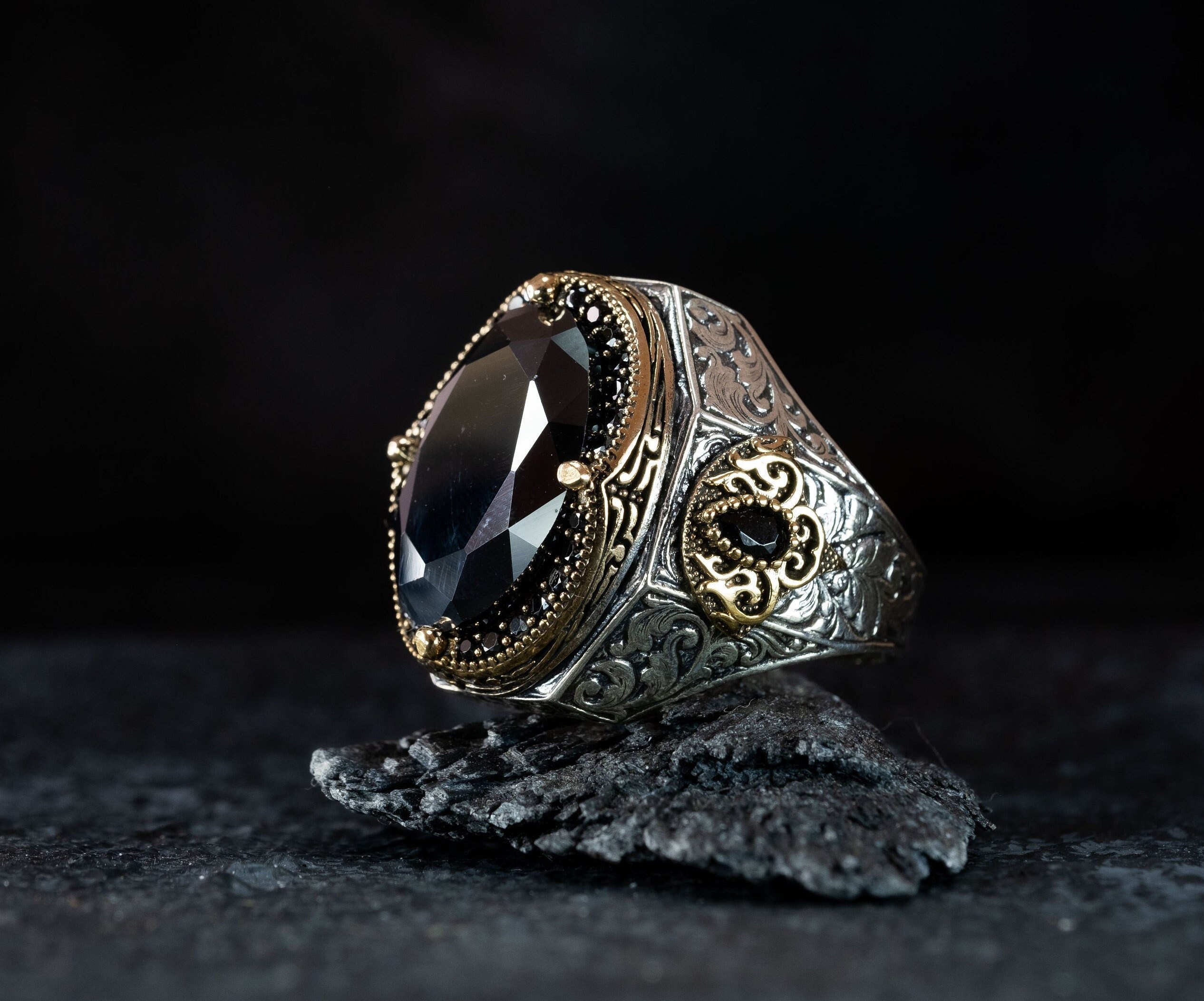 Anillo de nix negro Anillo de plata para hombres con piedra