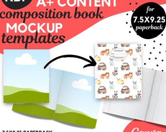 KDP Canva book mockup templates for KDP A plus content. Canva mockups for KDP composition book mockup. 7.5x9.25 book mockup.