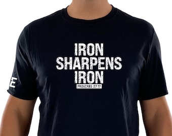 Christian Men’s T-Shirt, Iron Sharpens Iron Bible Verse Tee, Religious Faith Graphic Shirt, Scripture Top, Pastor Gift, Christian Dad Shirt