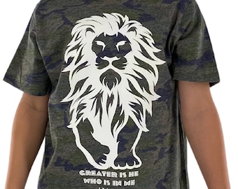 Kids Christian Graphic Shirt Lion of Judah Shirt Greater is He Who Is In Me Scripture Shirt Kids Christian Kids T shirt Christian Boy Shirt