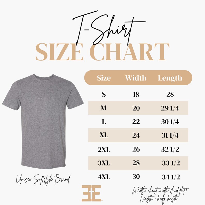 May include: A size chart for t-shirts with measurements in inches. The chart shows the size, width, and length of the shirts in sizes S through 4XL.