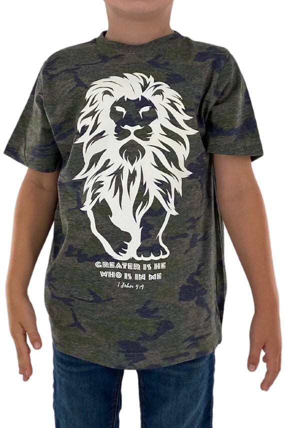 Kids Christian Graphic Shirt Lion of Judah Shirt Greater is He Who Is In Me Scripture Shirt Kids Christian Kids T shirt Christian Boy Shirt