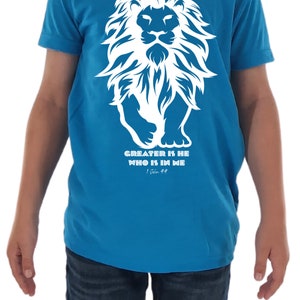 Kids Christian Graphic Shirt Lion of Judah Shirt Greater is He Who Is In Me Scripture Shirt Kids Christian Kids T shirt Christian Boy Shirt