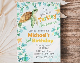 Turtle Birthday Invitation, editable, Turtley Awesome, Under the Sea invitation, turtle, edit with Corjl, instant download