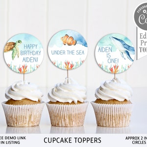 Ocean Cupcake Toppers, Editable, Blue Ocean Animals, Circle Toppers Label, edit with CORJL, instant download