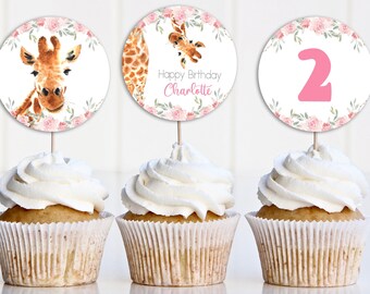 Giraffe Cupcake Topper Template: Pink Floral Safari Party (Editable, Digital Download) GP01