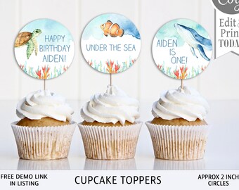 Toppers de cupcake com animais marinhos, etiquetas circulares editáveis (download instantâneo)