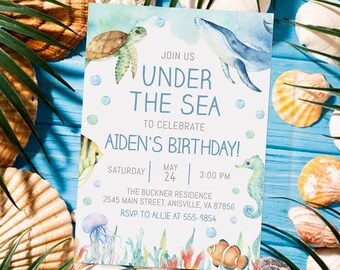 Ocean Birthday Invitation, ocean animals, boy, editable, Under the Sea invitation, turtle, whale, edit with Corjl, instant download