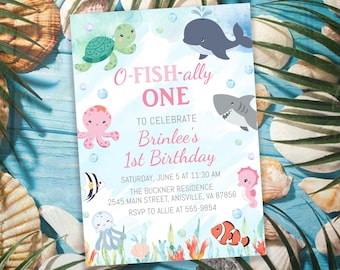 Ofishally One Birthday Invitation: Pink Ocean Animals (Editable Template) OFP1