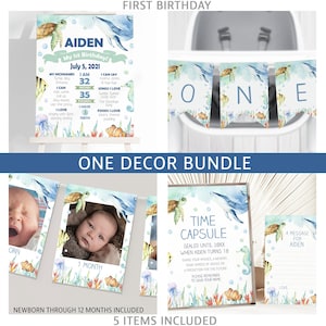 Ocean One Decor Bundle, First Birthday, Watercolor Ocean, Milestone Poster, One Banner, Photo Banner, Time Capsule Set, Under the Sea D201