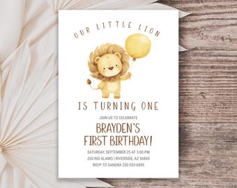 Lion First Birthday Invitation, Safari Animal Party Invite Yellow Balloon (Digital Download)
