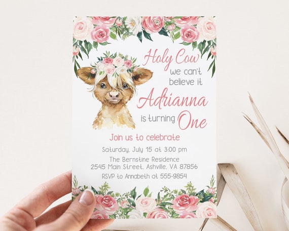 Highland Cow Birthday Invitation, editable First Birthday cow invitation for girl with flowers and pink text, turning one, instant download Il_570xn