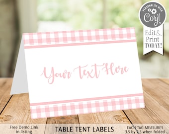 Pink Gingham Table Tent Label, Editable Food Label (Instant Download)
