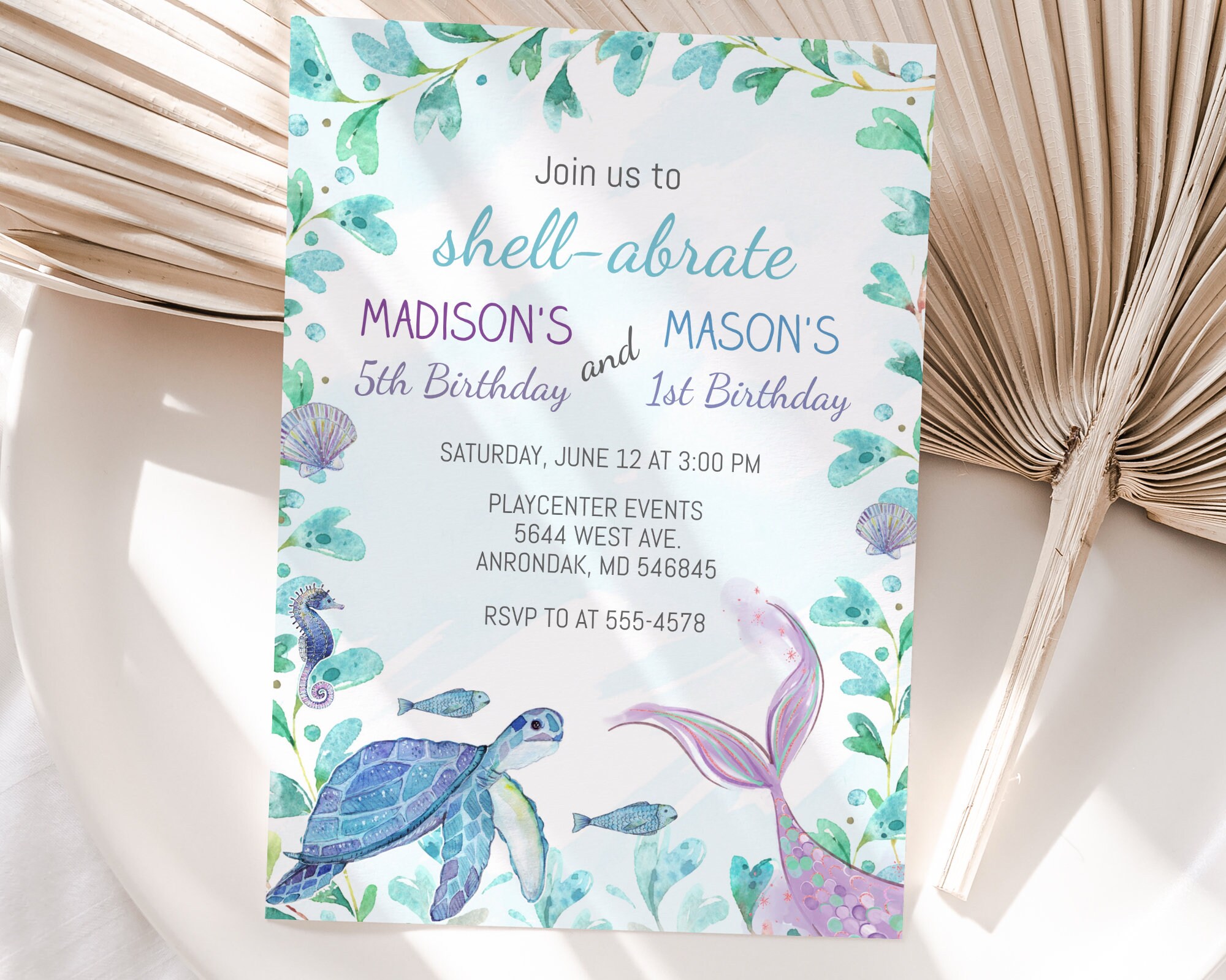Turtle Mermaid Birthday Invitation Template, Under the Sea, Editable ...