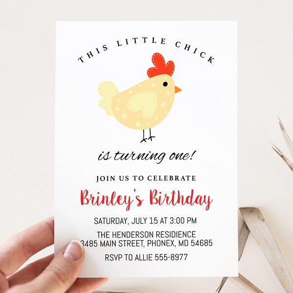 Invitation d'anniversaire de poulet, gloussement, fille, modifiable, invitation à une fête à la ferme pour avoir un, deux ans ou tout âge, modifier avec Corjl, téléchargement immédiat