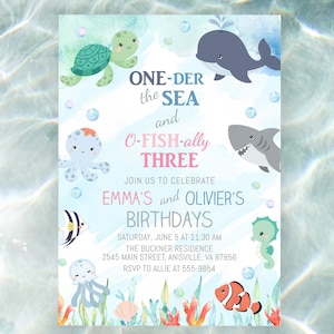May include: A rectangular birthday invitation card featuring watercolor sea creatures including a turtle, whale, octopus, shark, fish, seahorse, jellyfish, and clownfish. The text reads ONE-DER the SEA and O-FISH-ally THREE, EMMA'S and OLIVIER'S BIRTHDAYS.