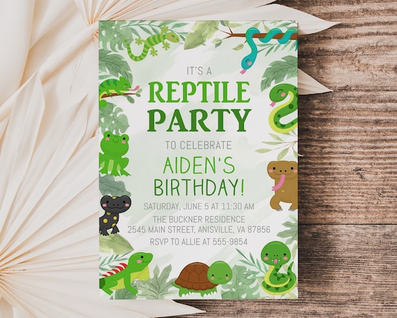 Reptile Birthday Invitation, cute reptiles and amphibians, boy