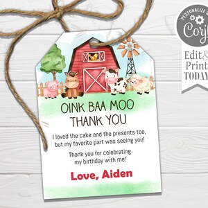 Może przedstawiać: Wodna etykieta z podziękowaniem z czerwonym stodołą, zwierzętami gospodarskimi i tekstem "OINK BAA MOO THANK YOU". Tekst kontynuuje: "Uwielbiałem ciasto i prezenty, ale najbardziej ucieszyło mnie wasze przybycie! Dziękuję za świętowanie moich urodzin ze mną! Z miłością, Aiden."