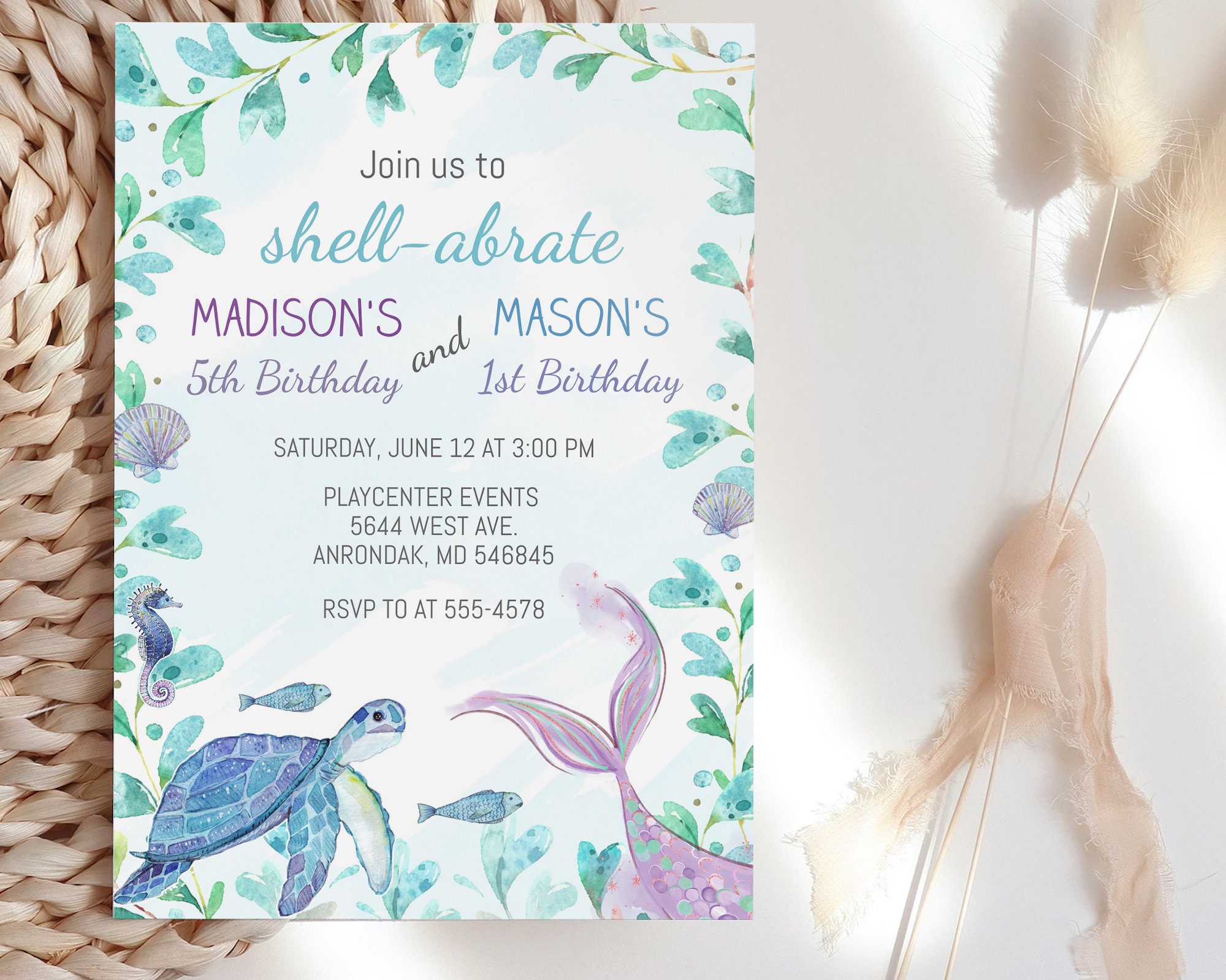 Turtle Mermaid Birthday Invitation Template, Under the Sea, Editable ...