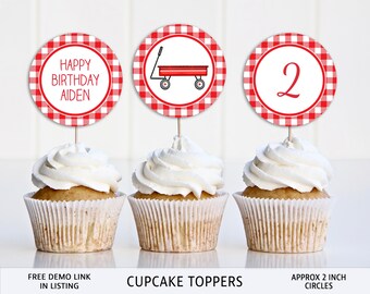 Red Wagon Birthday Cupcake Toppers, Editable Label (Digital Download)