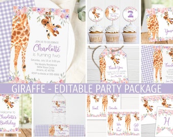 Giraffe Birthday Party Package Girl, Pink, Giraffe Birthday Invitation, Editable Party Bundle, pink and purple, Party decor, GPP01