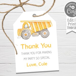 Dump Truck Favor Tags, bearbeitbar, Bau Geburtstag Hang Tag, Danke Tag, bearbeiten mit CORJL, sofortiger Download