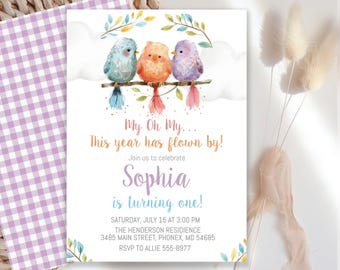 Bird First Birthday Invitation Template: Editable Girl Party (Editable, Digital Download) #012