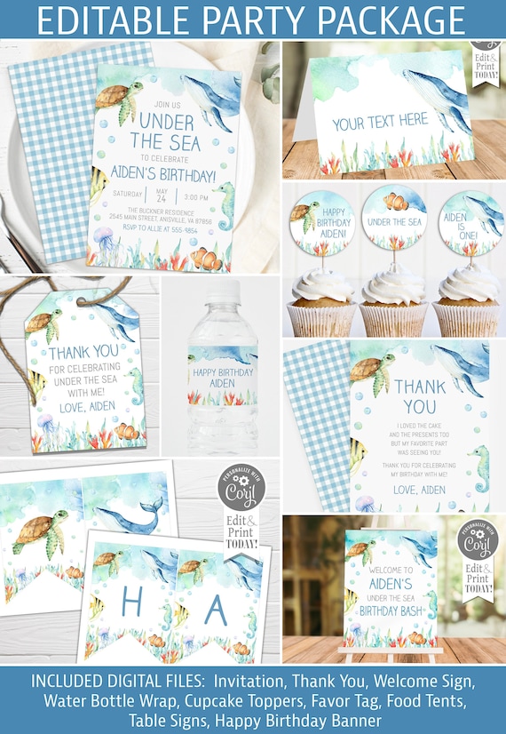 Ocean Party Package, Party Bundle, ocean animals, blue, boy, editable, Under the Sea invitation, edit with Corjl, instant download Il_570xn