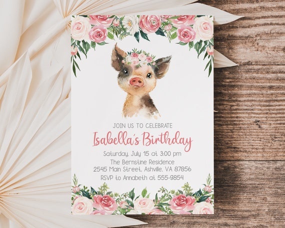 Pig Birthday Invitation, editable piglet with flowers invitation for girl with flowers and pink text, instant download Il_570xn