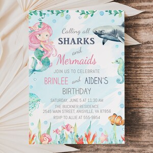 May include: A blue and pink birthday invitation featuring a mermaid and a shark. The text reads "Calling all Sharks and Mermaids. Join us to celebrate Brinlee and Aiden's Birthday. Saturday, June 5 at 11:30 am. The Buckner Residence, 2545 Main Street, Anisville, VA 87856. RSVP to Allie at 555-9854."