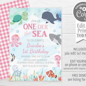 Ocean Birthday Invitation, ocean animals, girl, pink, editable, First Birthday One-der the Sea, edit with Corjl, instant download