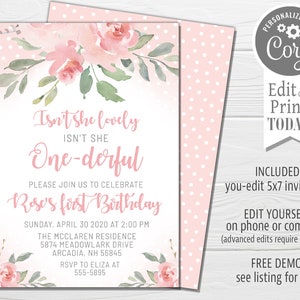 K&ouml;nnte beinhalten: Eine rosafarbene florale Einladung zum ersten Geburtstag mit dem Text "Isn't she lovely" und "One-derful". Die Einladung enth&auml;lt Datum, Uhrzeit und Ort der Party. Sie enth&auml;lt auch den Text "Rose's first birthday".