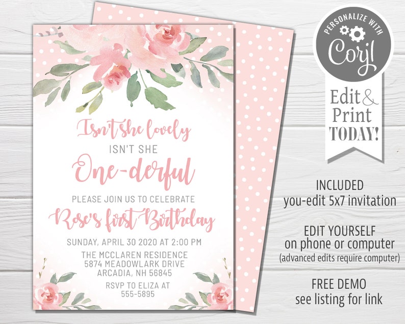 K&ouml;nnte beinhalten: Eine rosafarbene florale Einladung zum ersten Geburtstag mit dem Text "Isn't she lovely" und "One-derful". Die Einladung enth&auml;lt Datum, Uhrzeit und Ort der Party. Sie enth&auml;lt auch den Text "Rose's first birthday".