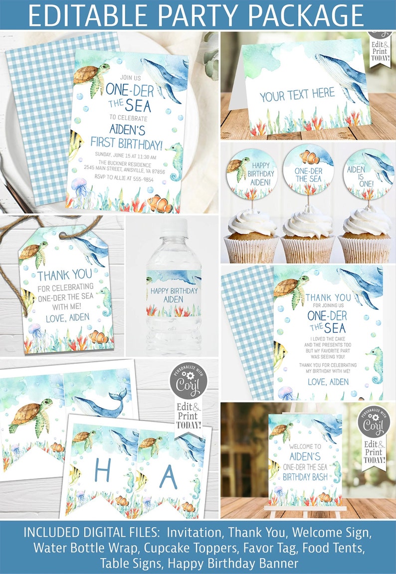 May include: A digital party package for a child's first birthday with an under the sea theme. The package includes an invitation, thank you card, welcome sign, water bottle wrap, cupcake toppers, favor tag, food tents, table signs, and a happy birthday banner. The designs feature watercolor illustrations of sea creatures, including a whale, seahorse, turtle, and fish.